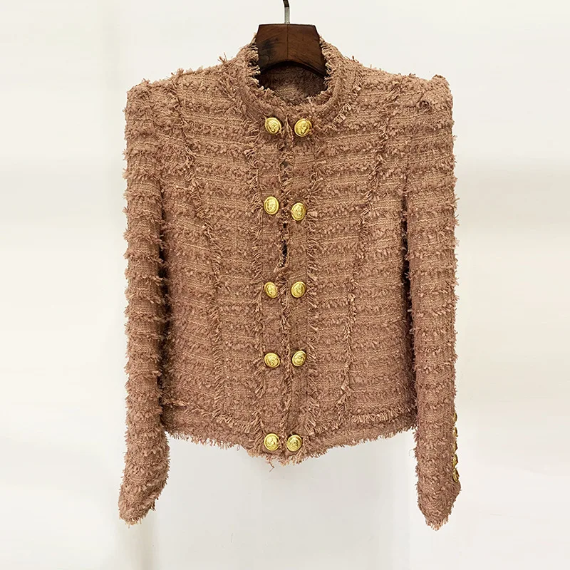 

New Arrival Autumn Winter Lady Tweed Coat Stand Collar Long Sleeve Rough Edge Women Double-breasted Slim Jacket