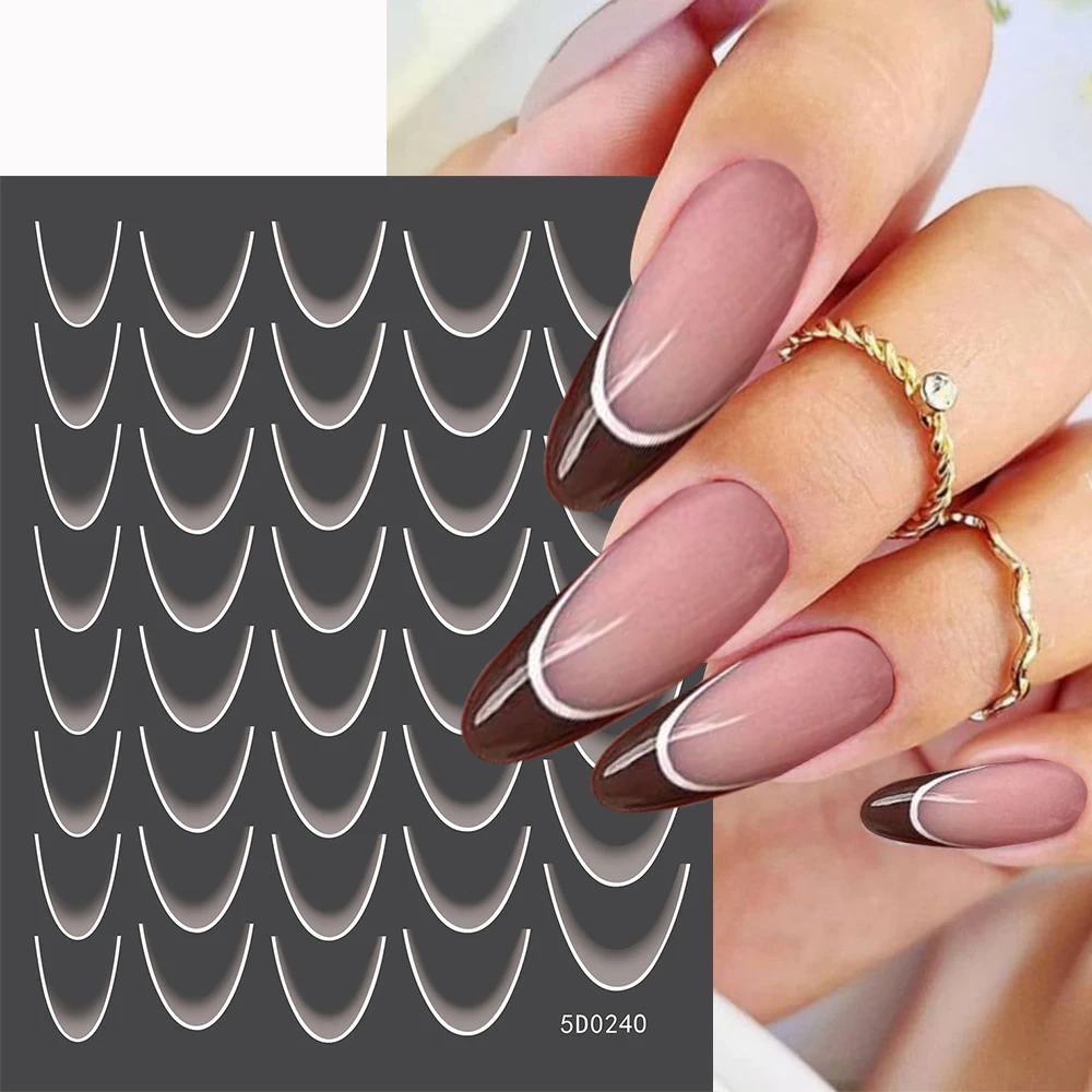 1Sheet/10*8cm Gradient White Line French Nail Art Stickers 5D Curve Stripe Wave Lines Shadow Design Adhesive Gel Nail Art Decals