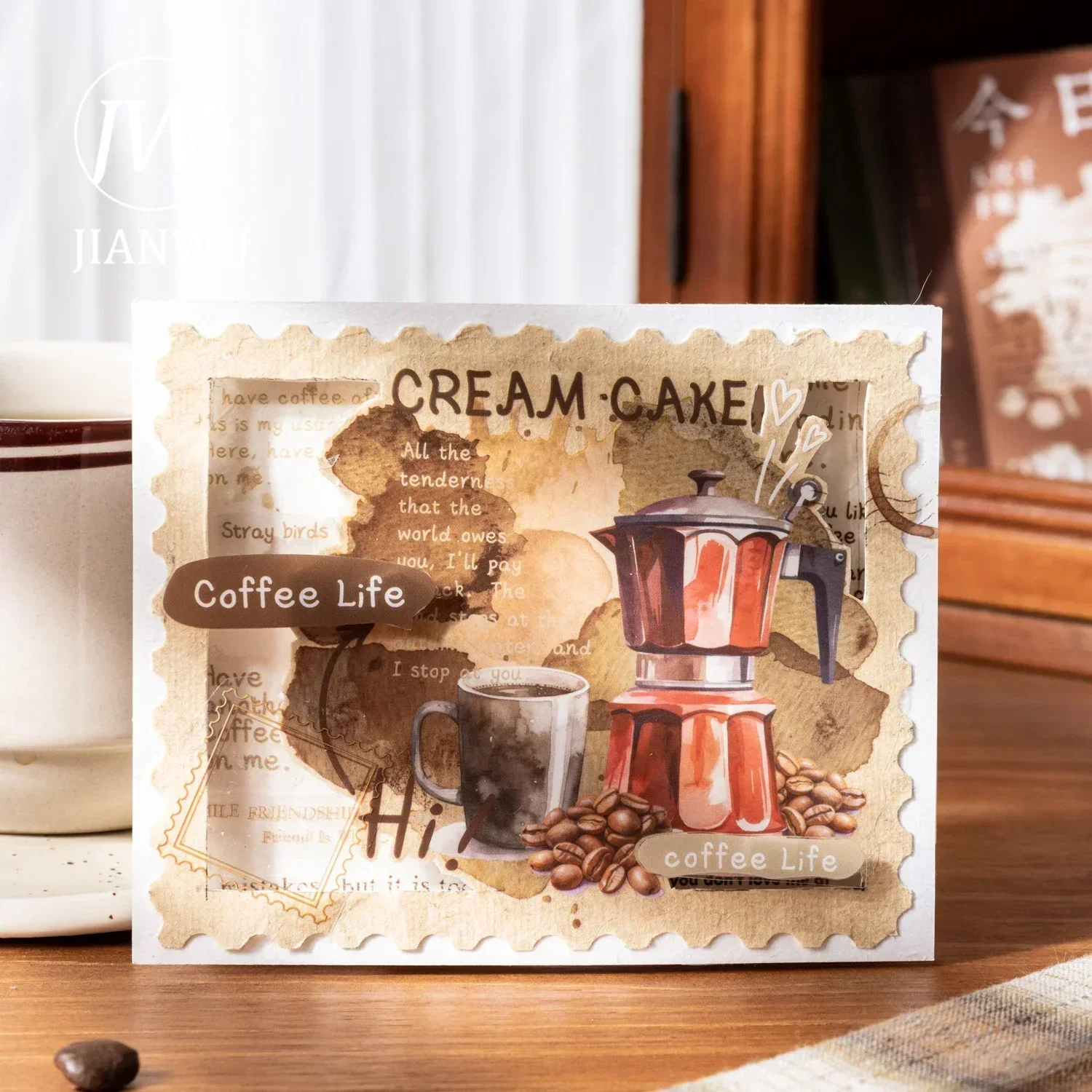 JIANWU Today\'s Suitable Coffee Series Vintage Character Landscaping Material Collage PET Sticker Creative DIY Journal Stationery