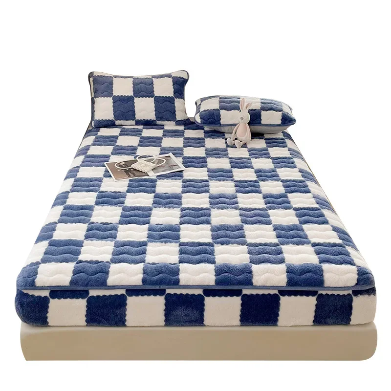 Juste de Protection de Matelas en Peluche pour Couple, Drap-Juste artificiel astique, Doux et Chaud, à Carreaux Noirs et Blancs, pour 2 Personnes en