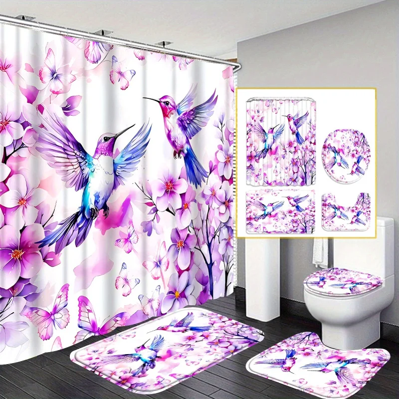 

4pcs Modern Shower Curtain Gift Set with 12 Hooks, Purple Flowers and Birds Design, 4-piece Bathroom Decoration including Curtai