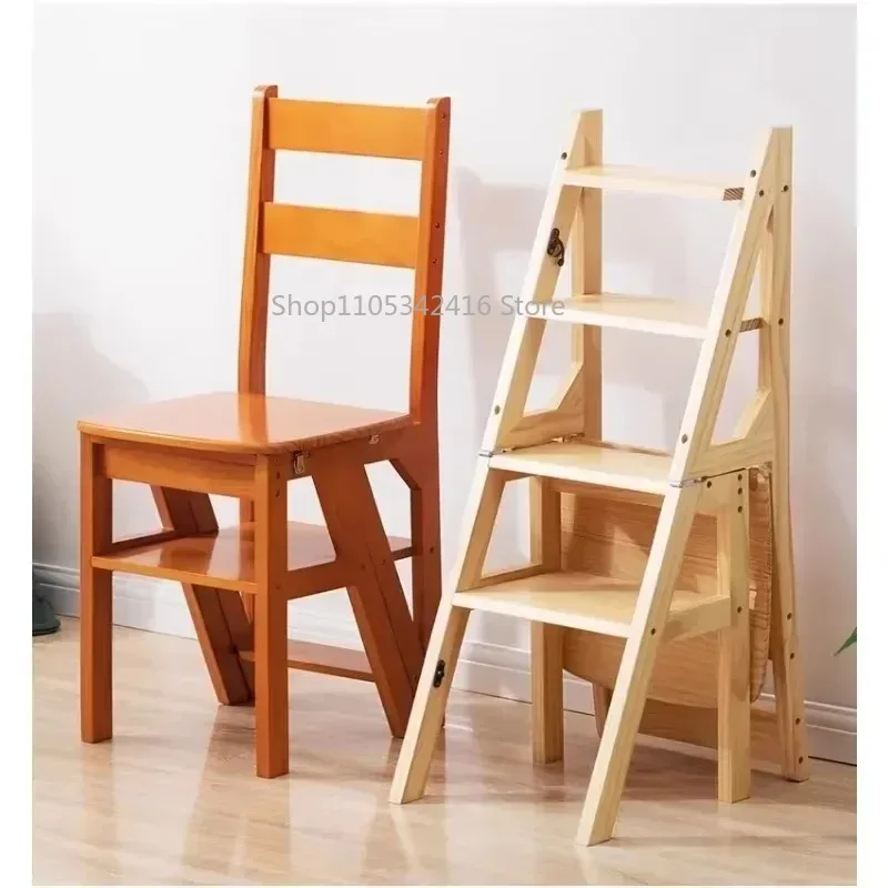 Premium Solid Wood 4-Step Folding Stool, Thicken Portable Multifunctional Step Ladder for Household Indoor Safety Access Use