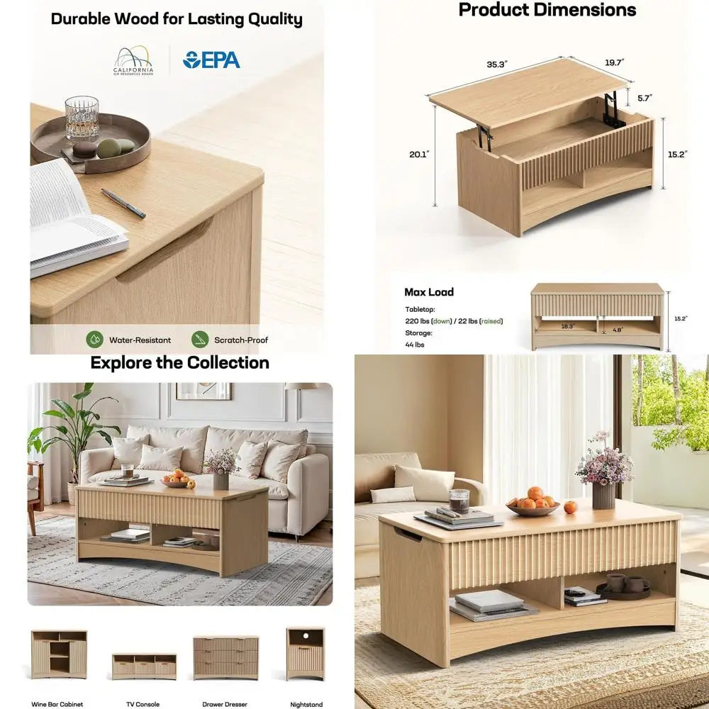 

Modern Fluted Lift-Top Coffee Table with Hidden Storage, Oak Finish, Ideal for Living Rooms and Offices