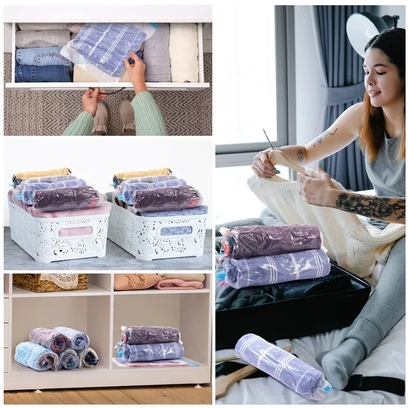 Travel Roll-Up Compression Bags, Reusable Vacuum Storage Bag, Saves 80% of Storage Space, Roll-Up Compression, No Need Air Pump