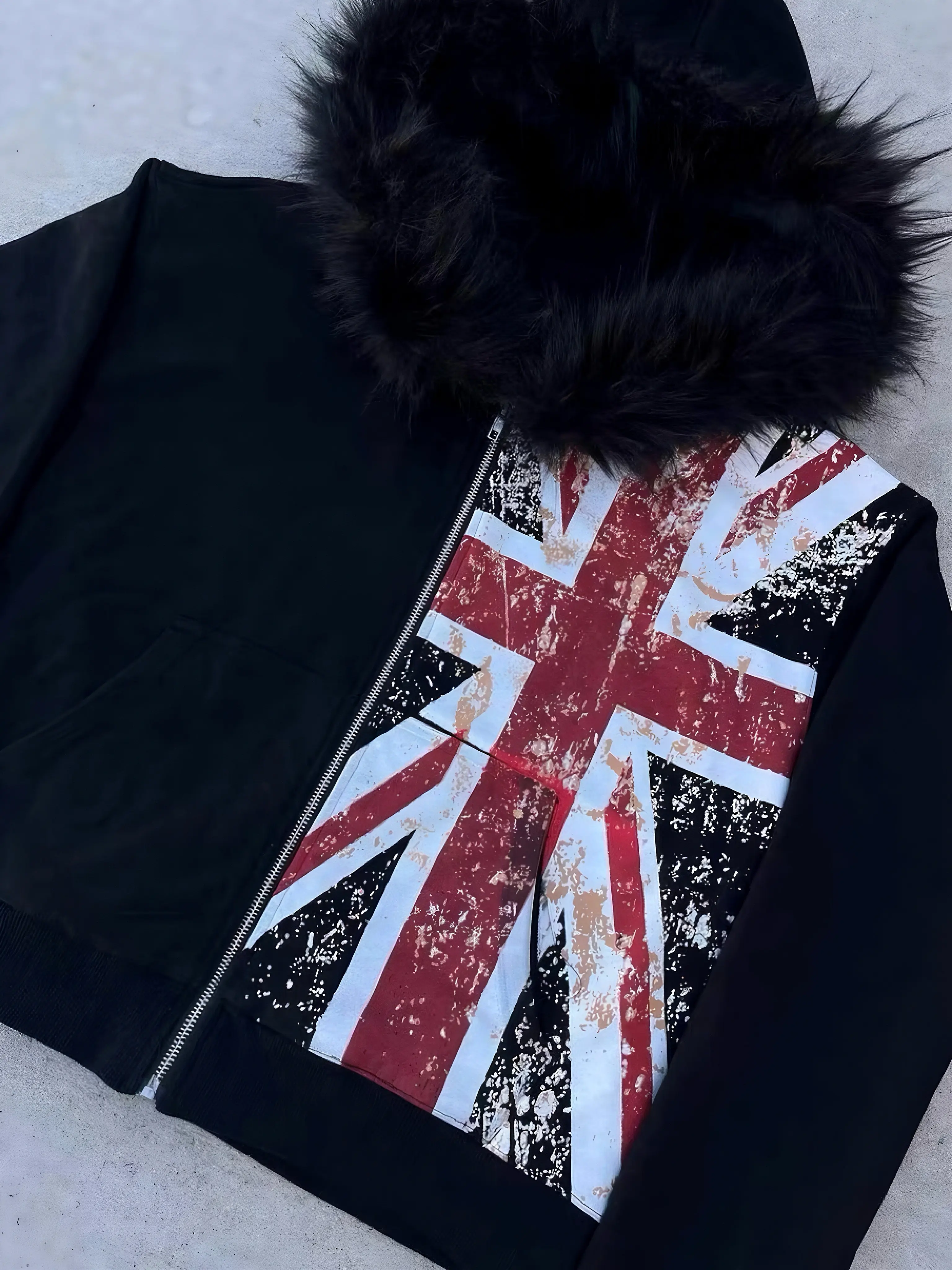 Unisex Y2K Union Jack Print Hoodie Sweatshirt Vintage UK Flag Distressed Graphic Punk Hip Hop Streetwear Winter Sweat Jacket