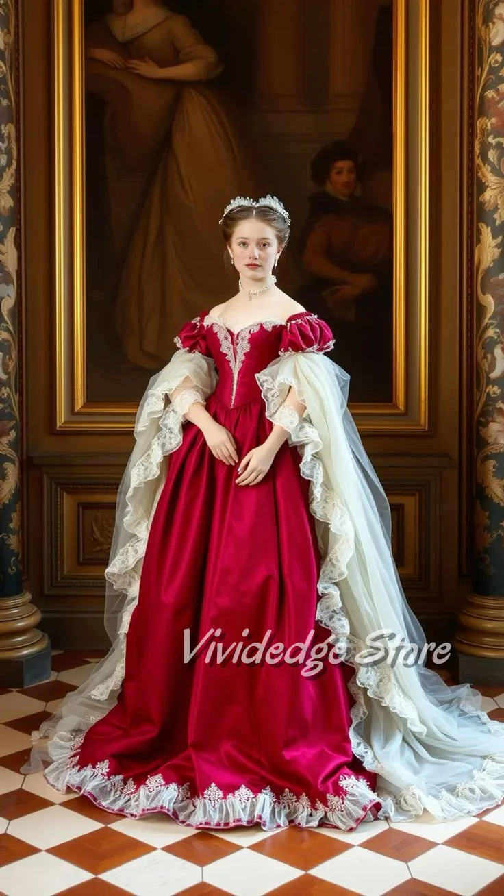 

Бордовое средневековое вечернее платье по индивидуальному заказу с дизайном в стиле королевы Мэри с открытыми плечами и кружевным шлейфом с оборками Бальное платье