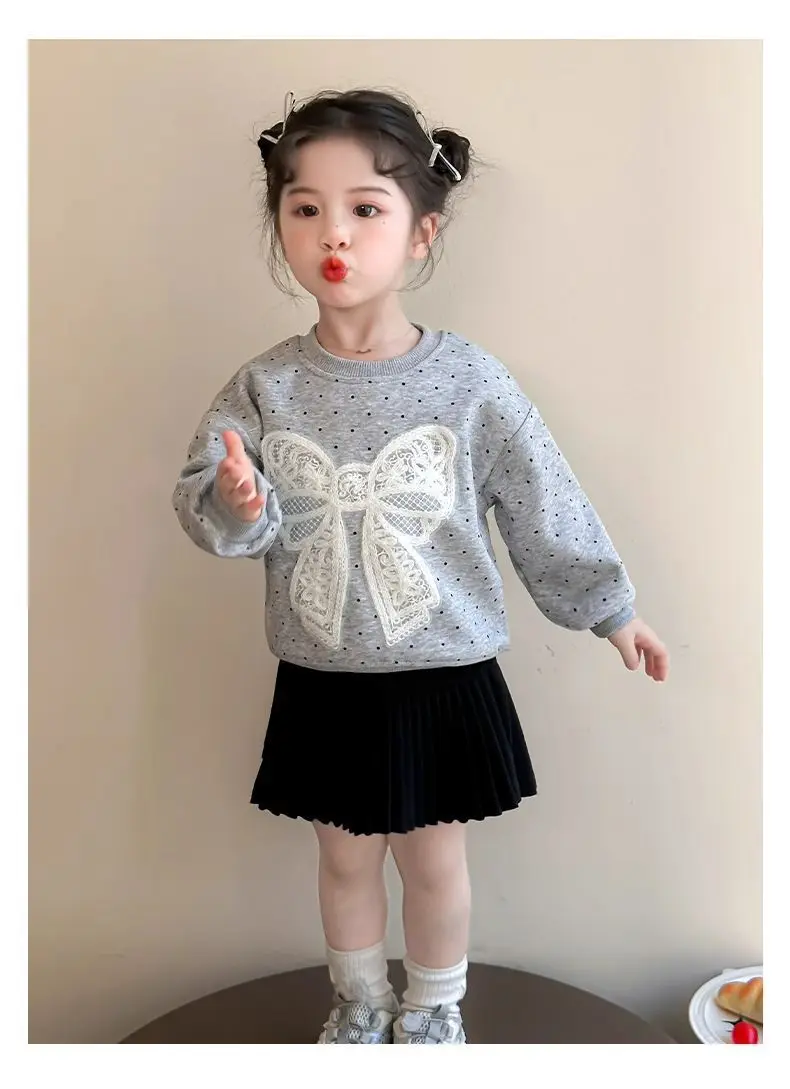 Kleinkind Mädchen Sweatshirt mit Großer Spitze und Schleife Lässiger Baumwoll-Pullover mit Punkten für Kleinkinder Rundhals Langarm Oberteil Kinderkleidung – Detail 13