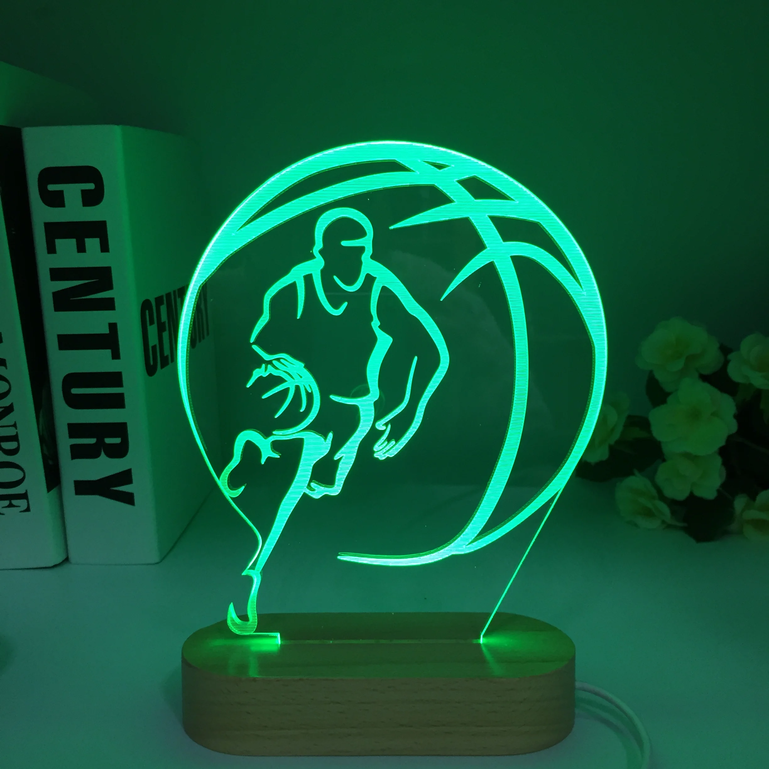 Novelty Wooden Basketball Playing 3D Visual Night Light Sports LED Desk Lamp Office Desktop Decoration Holiday Gift for Friend