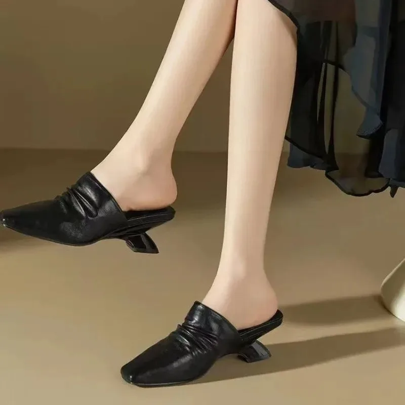 2026French Square-toe Pleated Women's Outer Slippers Spring and Summer New Shallow Mouth Wrapped Head Half Drag