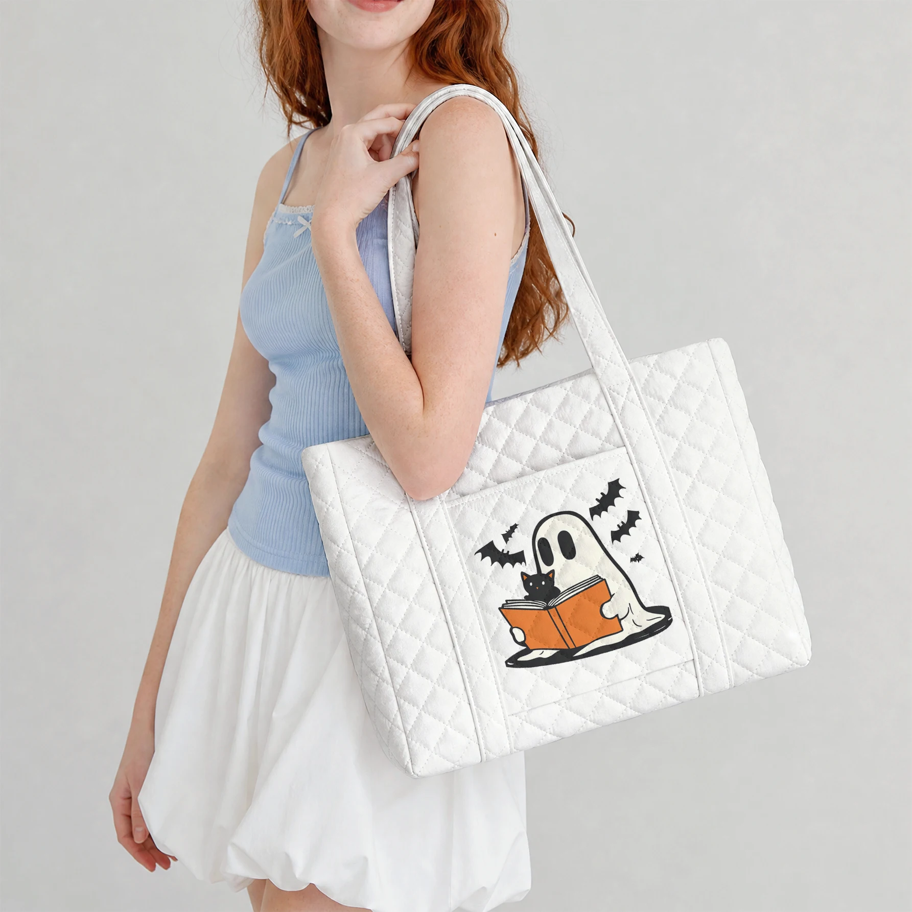 Ghost Reading Book with Cat Bat Print Quilted Tote Bag Large Capacity Shoulder Bag For Shopping Travel Daily Use