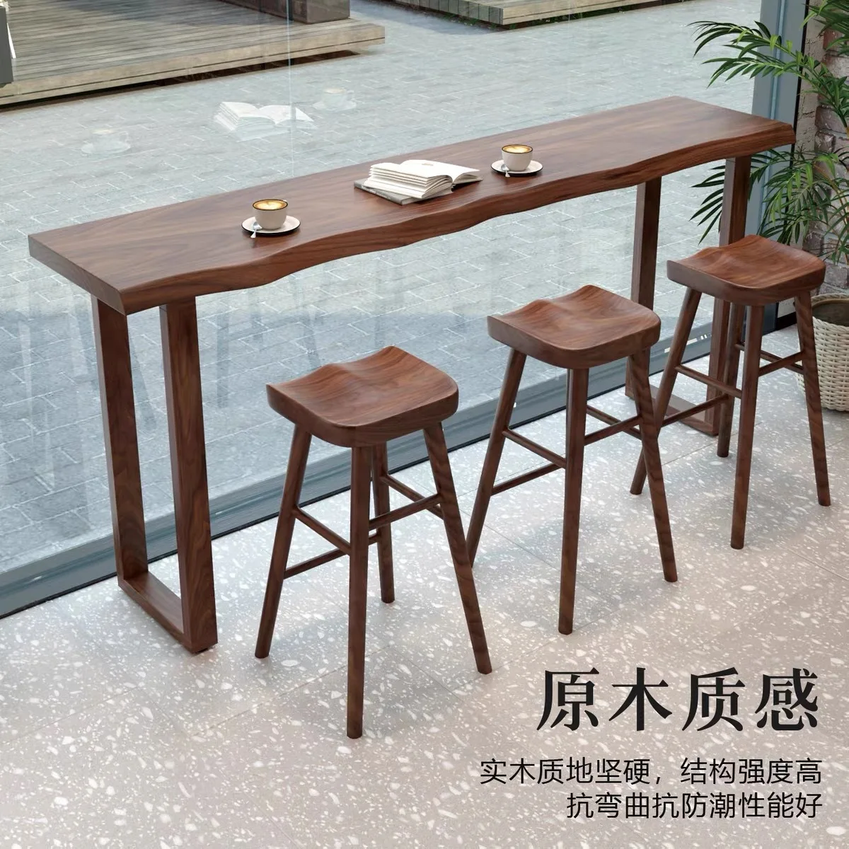 Cafe wall partition bar table household long solid wood desk bar window casual high table and chairs