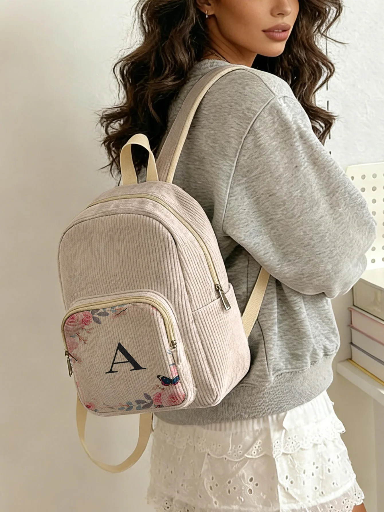 Rose Butterfly Letter Pattern Print Backpack Corduroy Multi-pocket Large Capacity Daily School Backpack