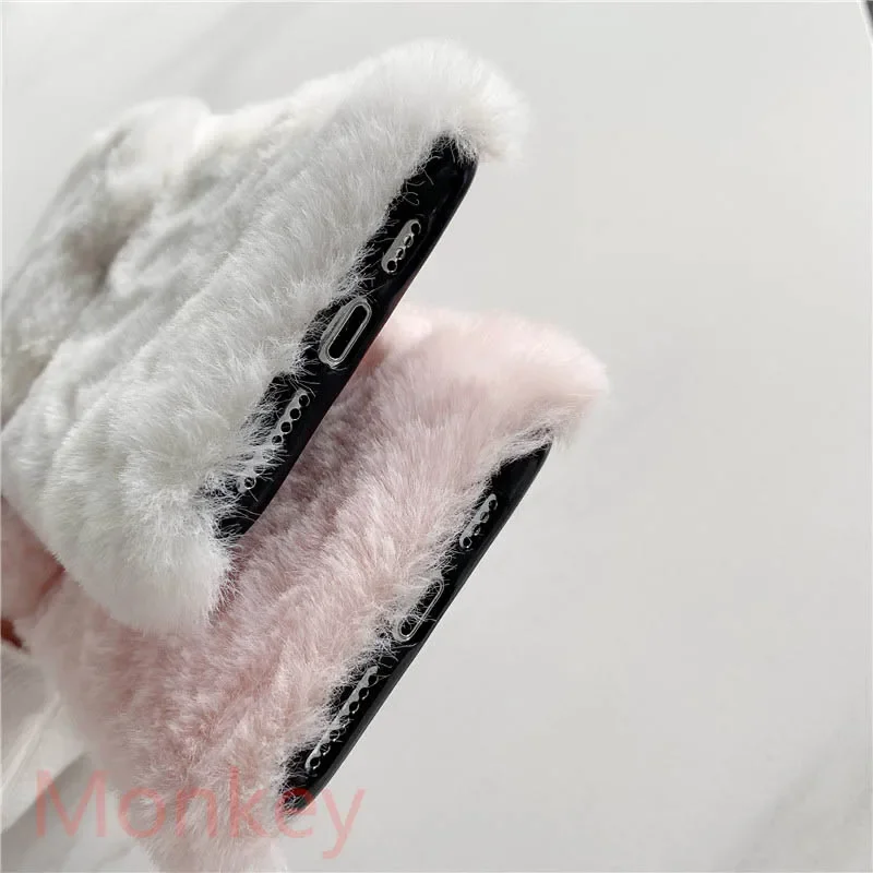 Fur Plush 3D Cat Ears Phone Case For Samsung Galaxy S23 S22 Ultra S21 A04S A14 A24 A34 A54 M13 A25 Soft Phone Holder Case Coque