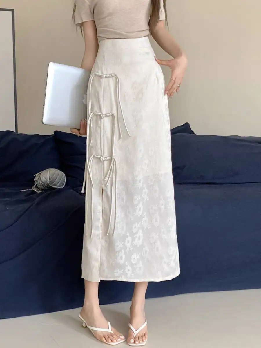 Vintage Chinese Jacquard Skirt 2024 New Women High-waisted Split Hip Wrap Dress Female Knot Button Medium Length One-step Dress