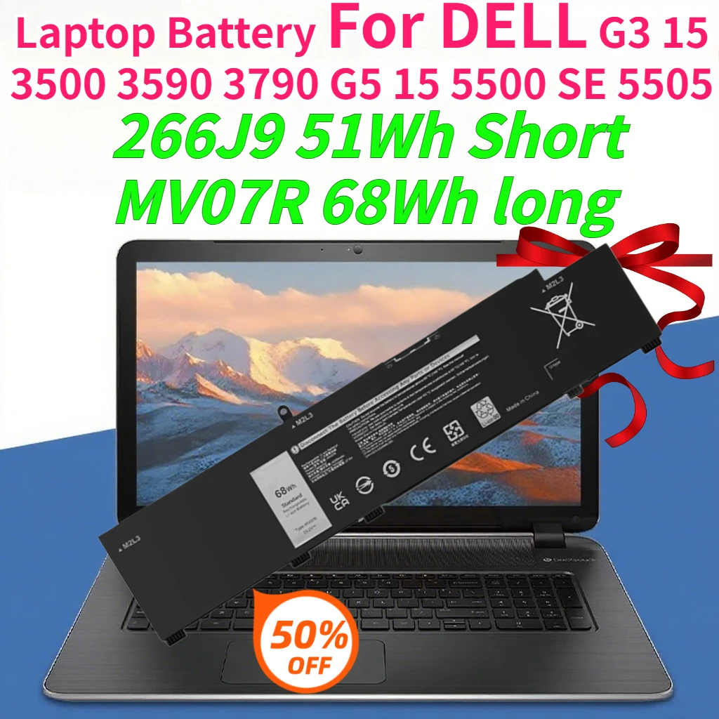 New MV07R 266J9 51WH 68WH Laptop Battery for DELL G3 15 3500 3590 3790 G5 15 5500 SE 5505 11.4V/15.2V Compatible Batteries