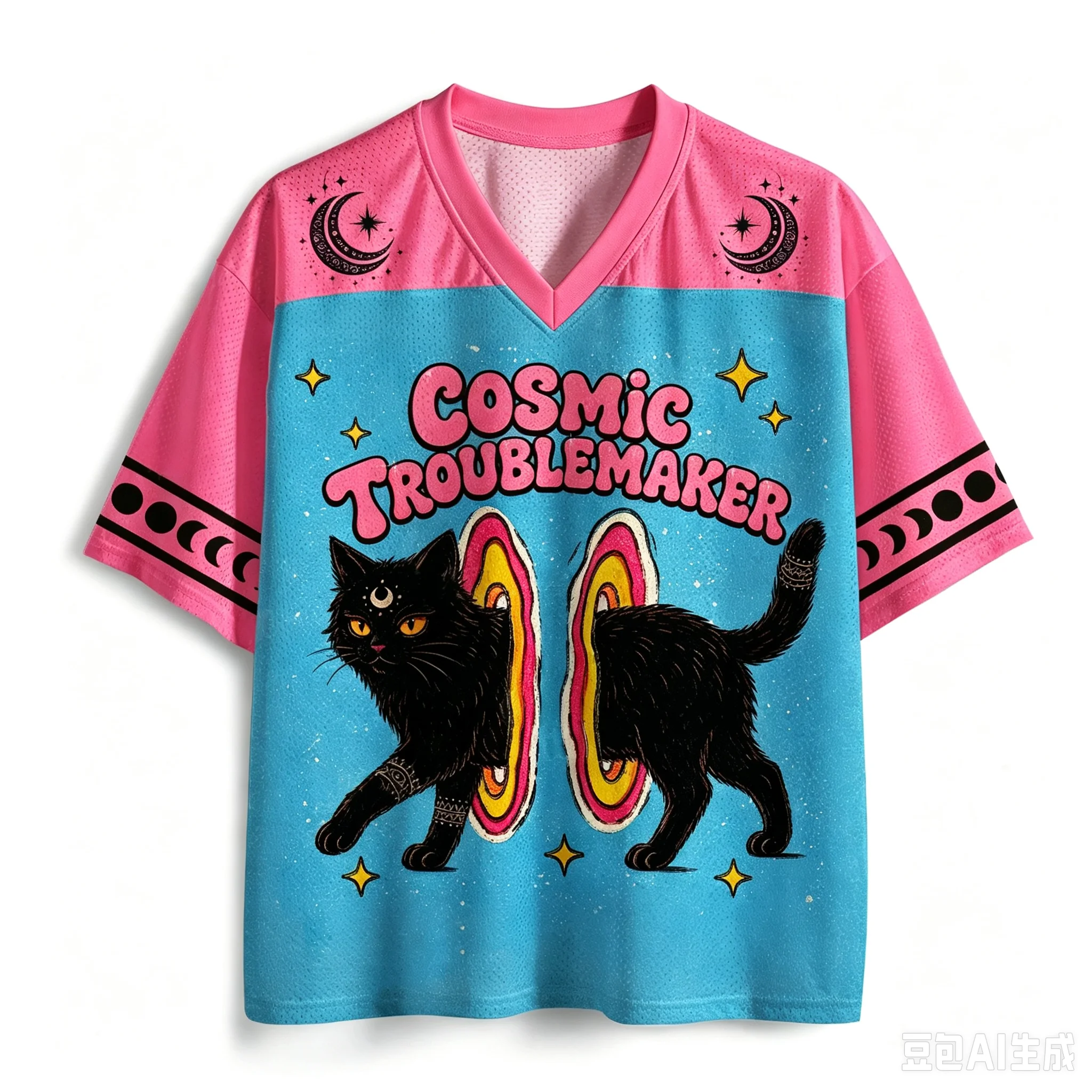 Kosmisches Schwarzes Katzen-Sternmuster 3D-Druck Herren Damen Schnelltrocknendes Sport-T-Shirt mit V-Ausschnitt in Übergröße Outdoor Freizeit Y2K Familien-Shirt – Detail 2