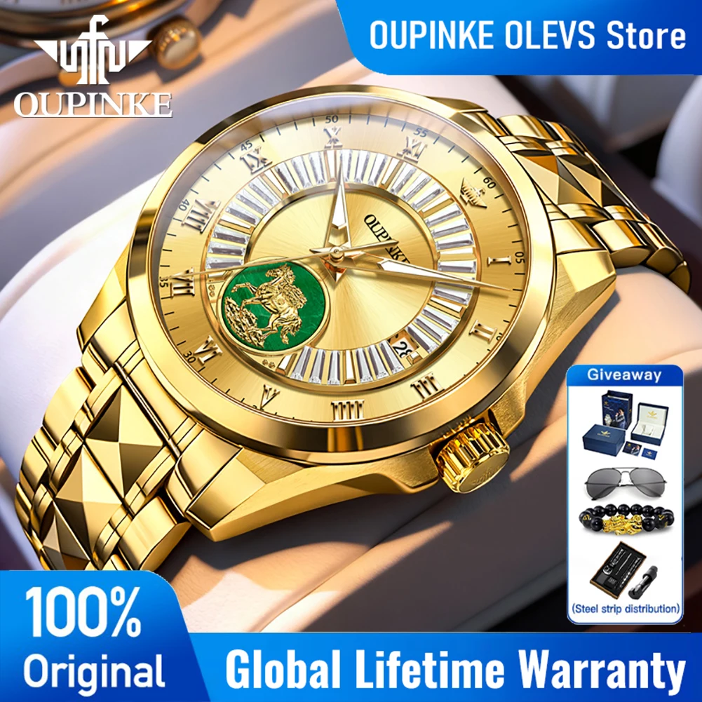 

OUPINKE Роскошные мужские автоматические механические часы с изумрудным циферблатом, водонепроницаемые до 50 м, из вольфрамовой стали, светящиеся, деловые часы 3320