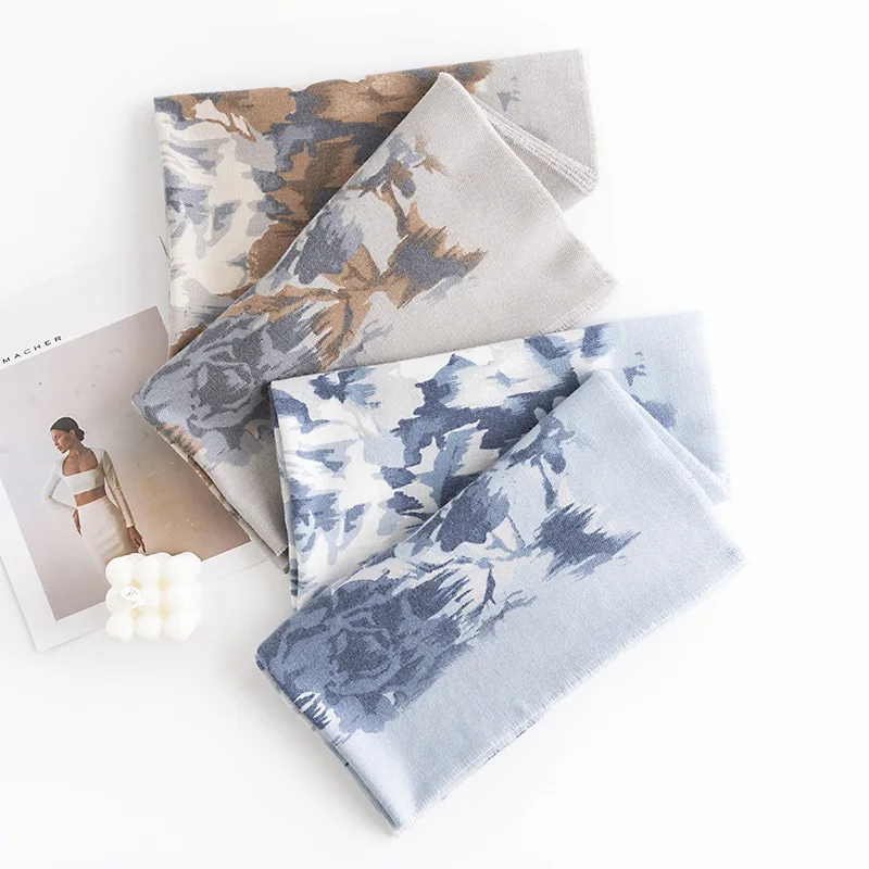 

New Ethnic Style Rose Print Fashionable Versatile Women's Scarf Autumn Imitation Cashmere Korean Retro Warm Commuting Shawl