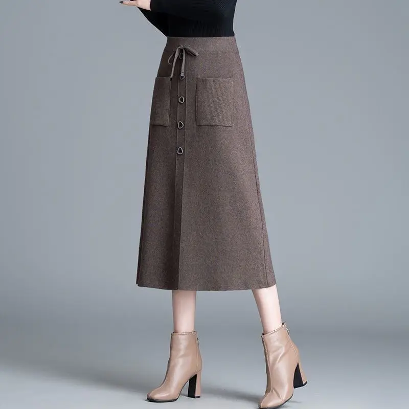 Woolen Skirt Autumn Winter 2024 High Waist Hanging Feeling Making It Slim Versatile.medium to Long Knitted One-step Skirt