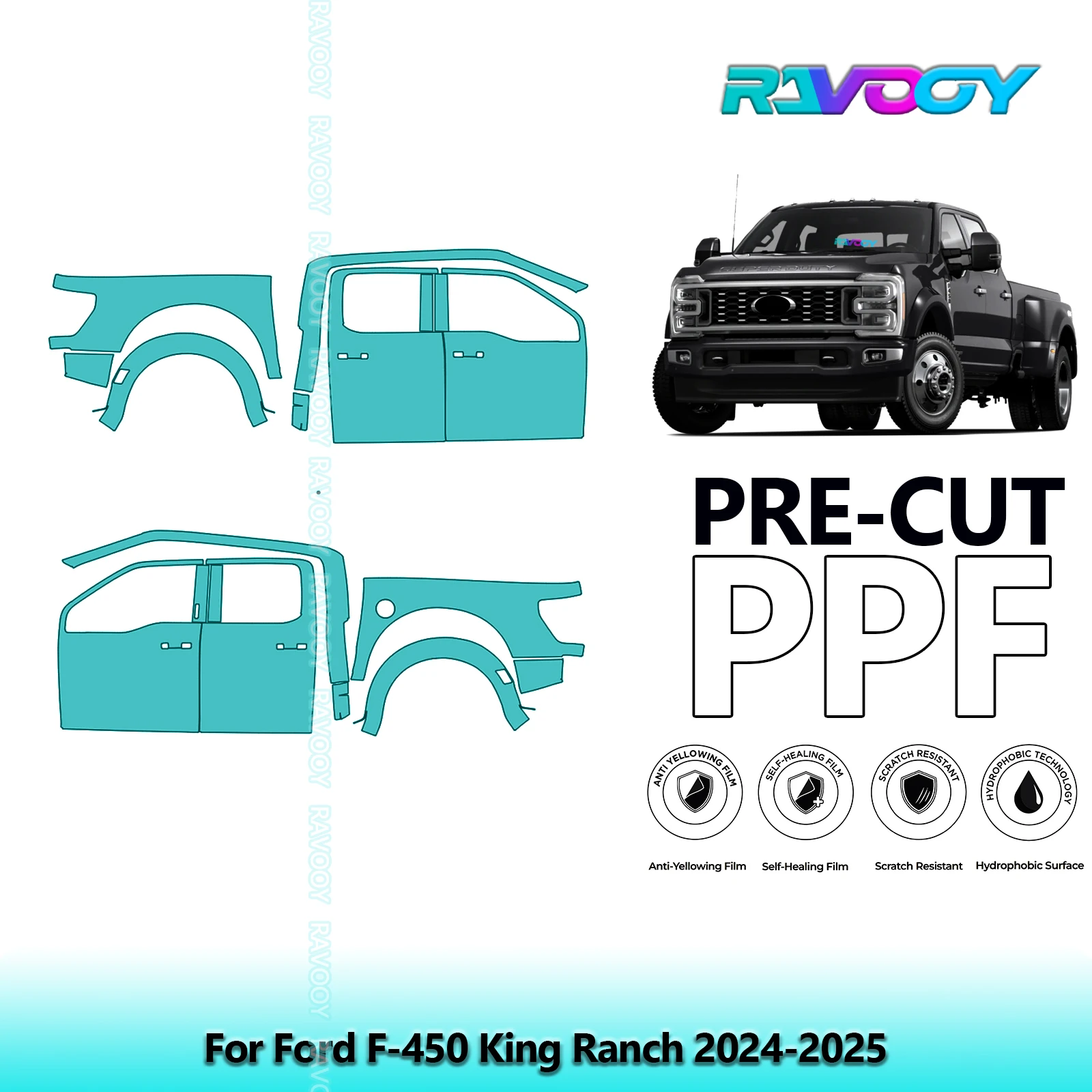 

For Ford F-450 King Ranch 2024-2025 8.5mil Clear Matte Pre-Cut PPF Door & A/B Pillar Kit TPU Paint Protection Film Set