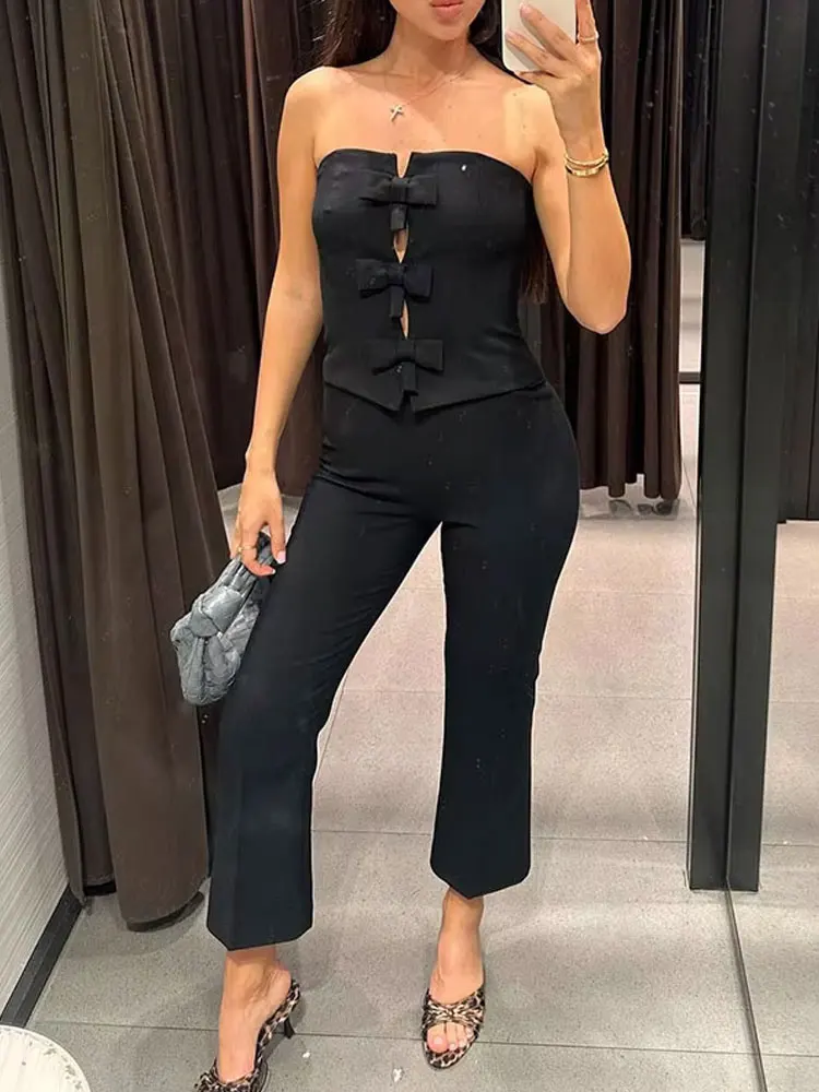 TRAFZA 2024 Woman Solid Color Slim Wide Leg Jumpsuit Women Chic Sleeveless Backless Side Zipper Bow Hollow Decorate Jumpsuit