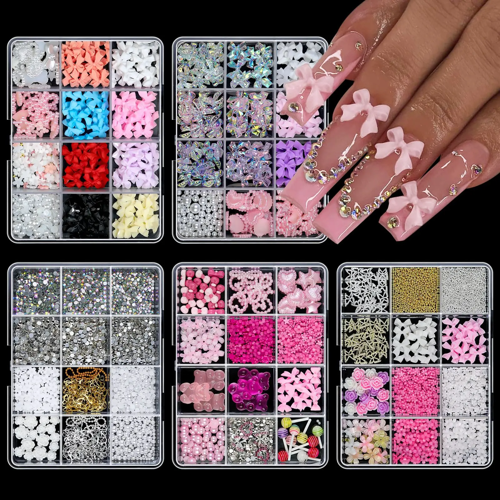 

12Grid Mixed Ribbon Bow Pearl Heart Nail Charms 3D Resin Petal Flower Star Butterfly Nail Rhinestones Manicure Decoration