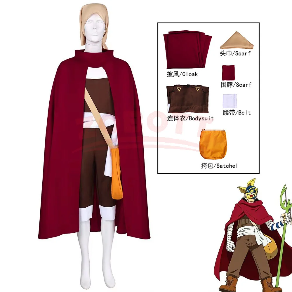 Anime East Blue Usopp Sogeking Cosplay Kostüm Roter Umhang Jumpsuit Uniform Tasche Perücke Erwachsenenmann Halloween Karneval Anzug