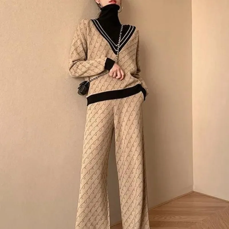 Autumn Winter V-neck Fashion Jacquard Solid Color Knitwear Sweater Women Casual Office Lady High Waist Wide Leg Two-piece Set