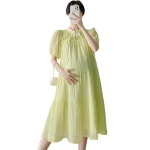 Estilo coreano maternidade solta chinês Cheongsam Puff manga Sweeet mulheres grávidas Chiffon vestido gravidez roupas macias e leves 10 principais vendas pregnant qipao - №9