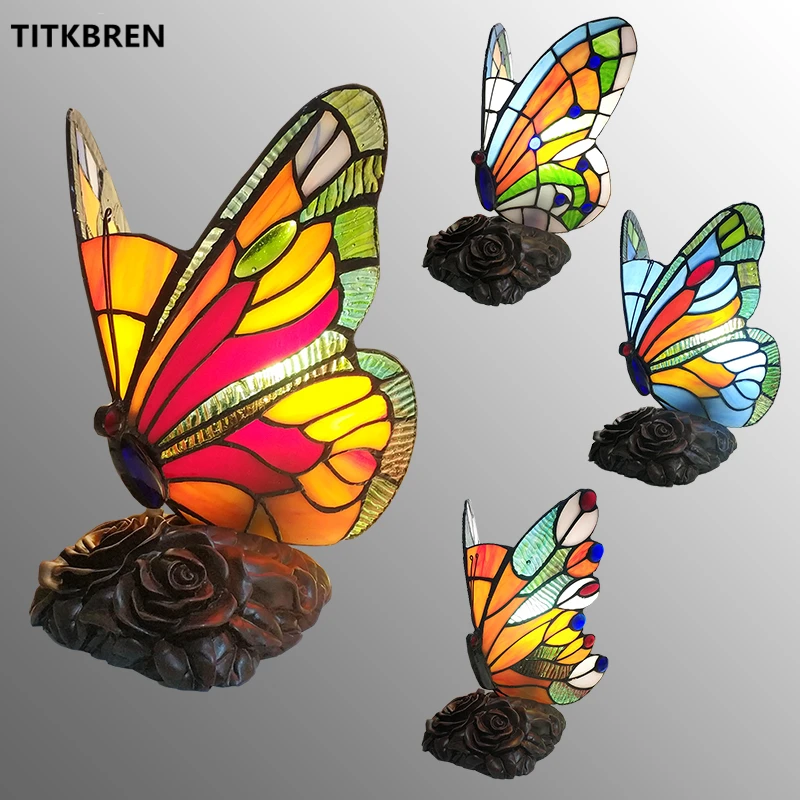 

Tiffany Stained Glass Butterfly Table Lamp Warm Bedroom Bedside Night Light Indoor Desk Fixtures Holiday Christmas Birthday Gift