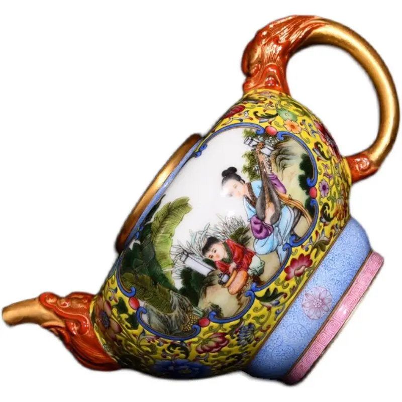 Boutique Collection Antique Yellow Bottom Pastel Porcelain Wine Kettle Teapot Ornament