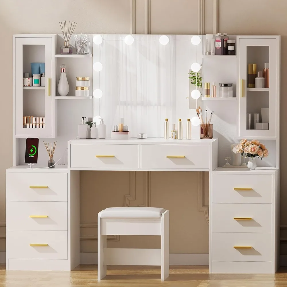 59.1"Large Vanity Desk with Mirror & Lights White Makeup Vanity Set with Power Outlet and 8 Drawers 3 Lighting Modes Adjustable