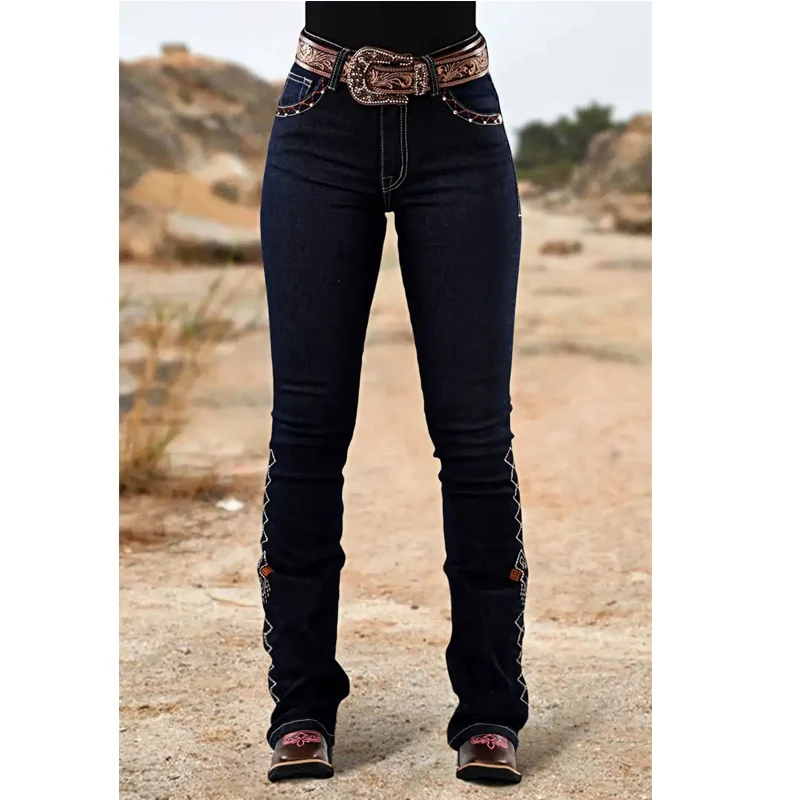 【جينز Y2K المتعثر】جينز جينز عالي الارتفاع قابل للتمدد من قماش الدنيم، تطريز كلاسيكي أنيق من حجر الراين للمناسبات الكاجوال أو الأنيقة