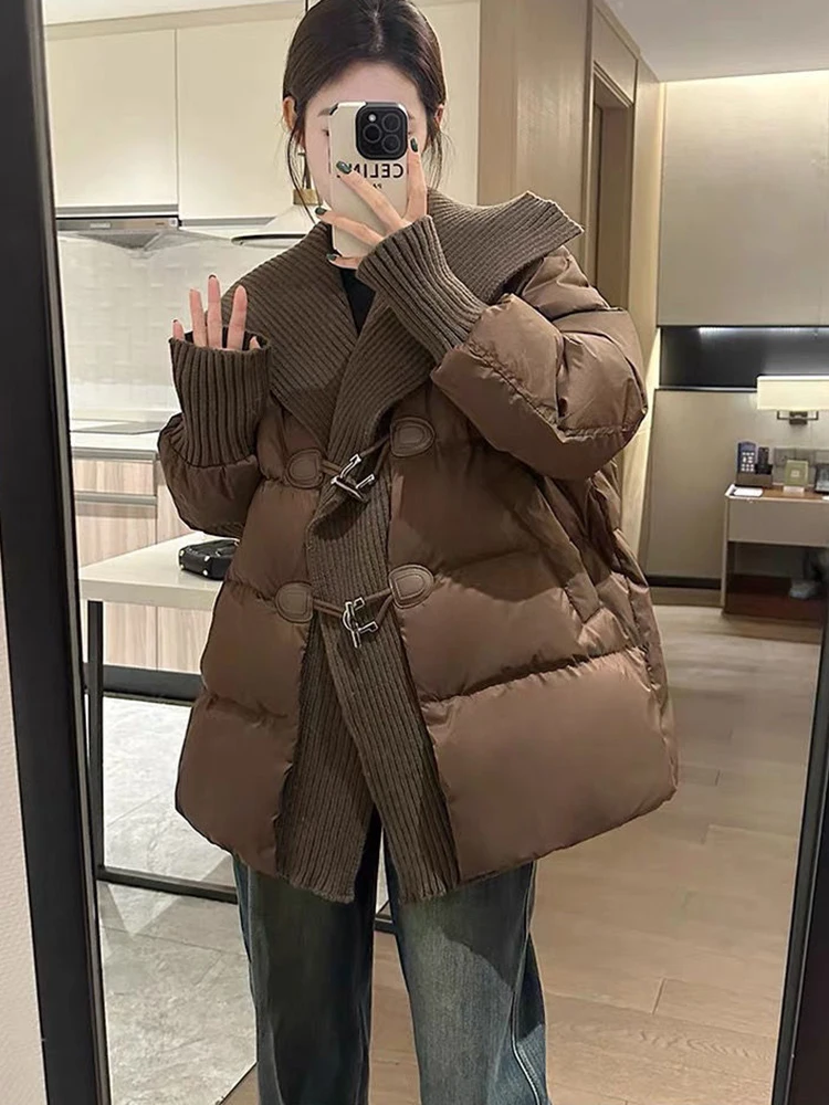 2025 Winter New Large Lapel White Duck Down Parka Loose Winter Thick Mid Long Style Cow Horn Buckle Jacket Fashionable Outwear