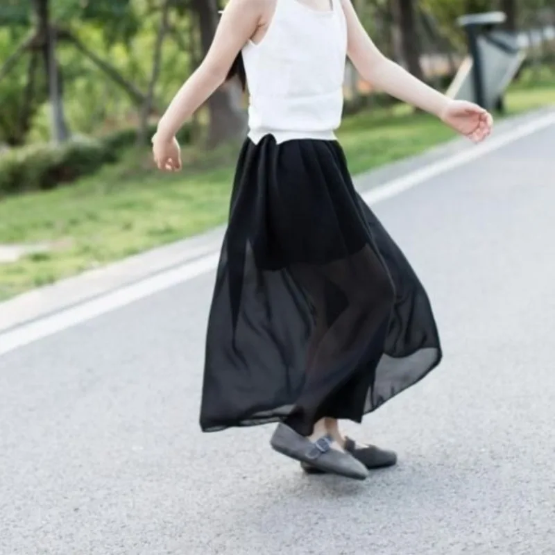 Girl's Chiffon Beach Dress Mid Length Pleated Maxi Skirt with High Waist for Tween Girls Summer Vacation