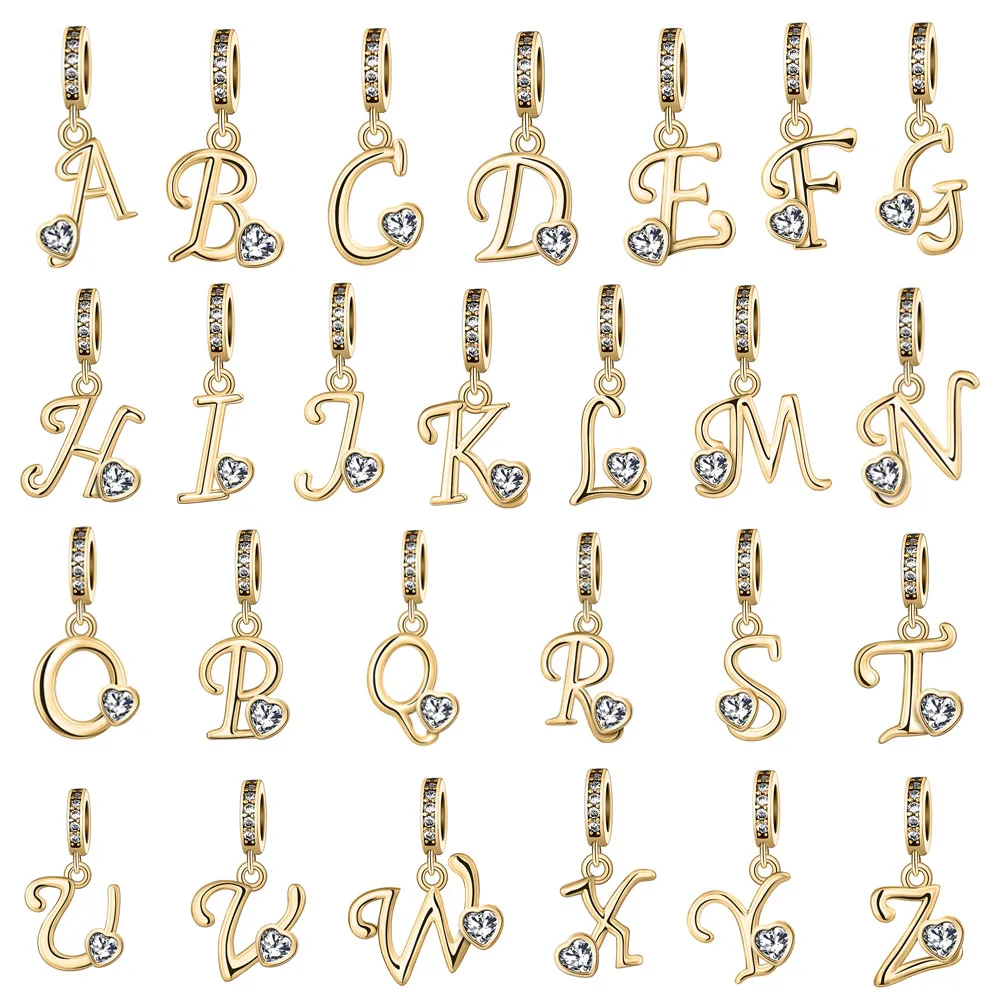 

European 925 Silver Fashion A-Z26 Letter Mini Gold Pendant Fit Women's Bracelet DIY Anniversary Gift Exquisite Women's Jewelry