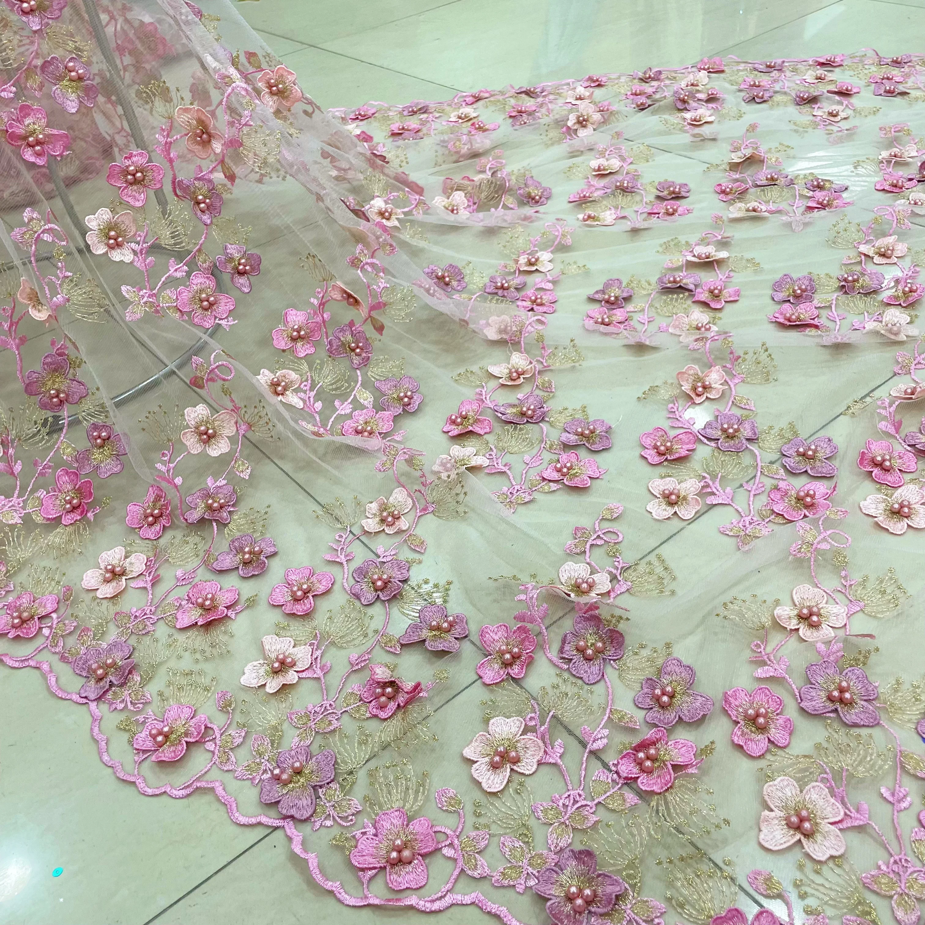 Unique Pink Lace High Quality Soft 3D Embroidered Tulle Mesh Lace With Pearls Fabric For Wedding Dress