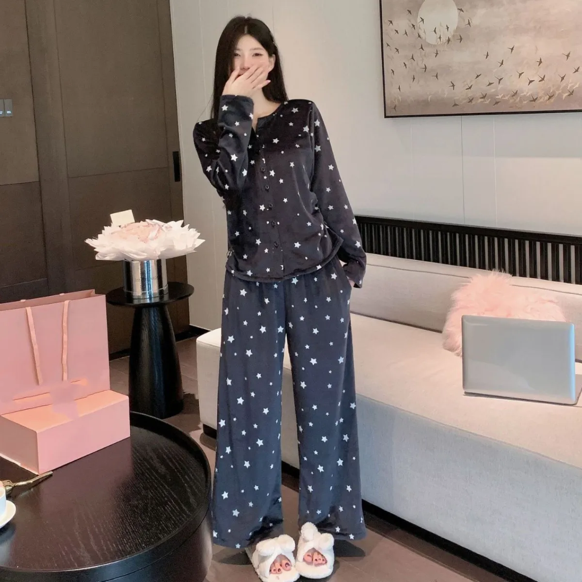

Thickened Warm O-Neck Shirt Pants Women's Sleepwear Coral Velvet Pajamas Loungewear Winter Girl Nightwear Homewear Sets