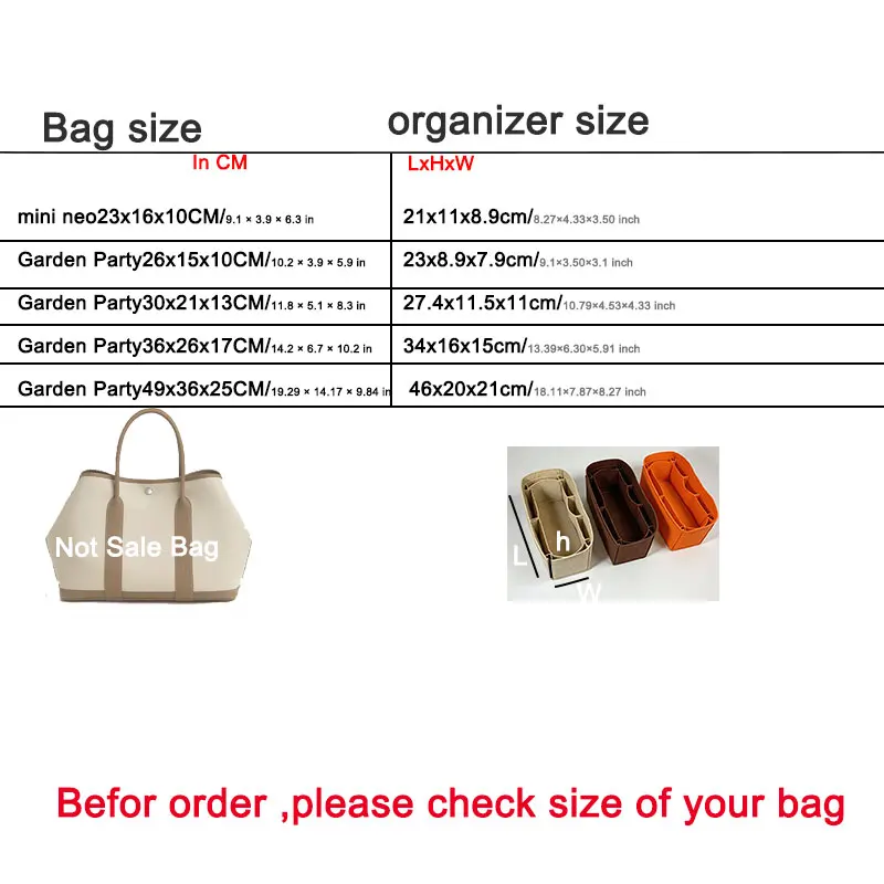 Luxury Bag Accessories Inner Organizer For H Garden Party 23/26/30/36 Tote Purse Insert Portable Bag In Bag Storage Liner Pouch