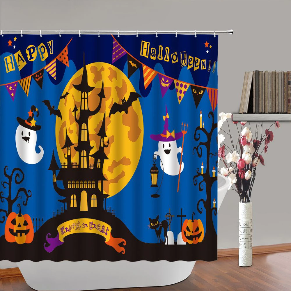 

Magic Hat Bat Halloween Shower Curtain Witch Flying Over Full Moon Horror Night Evil Pumpkins Broom Bath Curtains Bathroom Decor