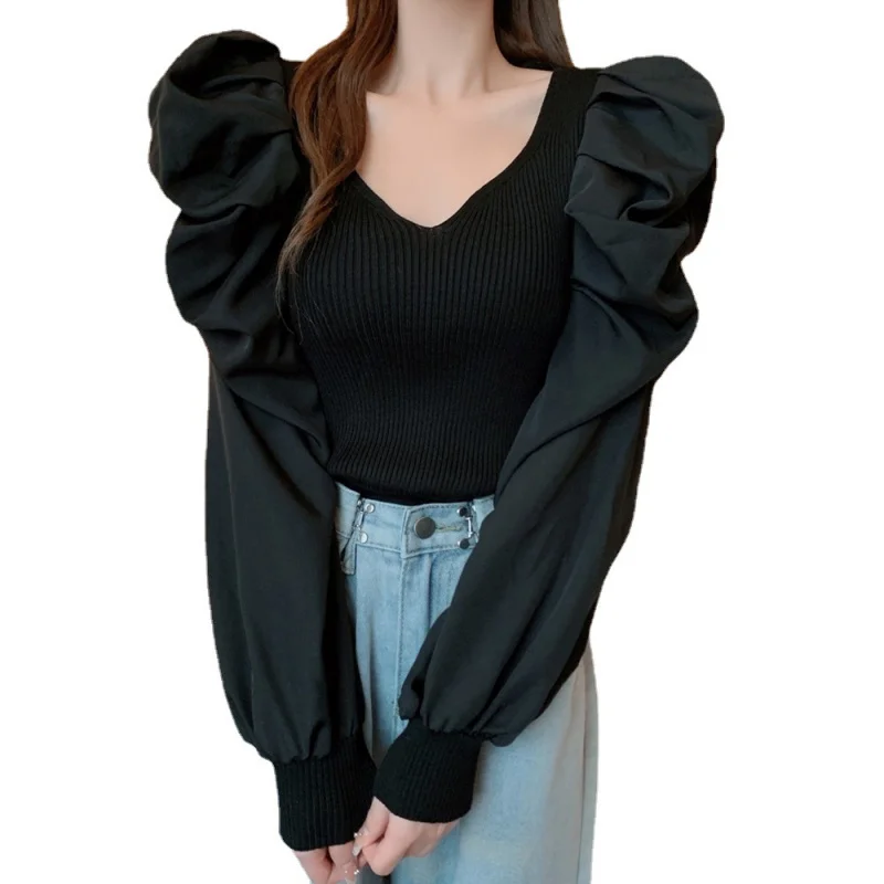 Pull tricoté à manches bouffantes pour femme, nouveau Style français européen et américain, automne