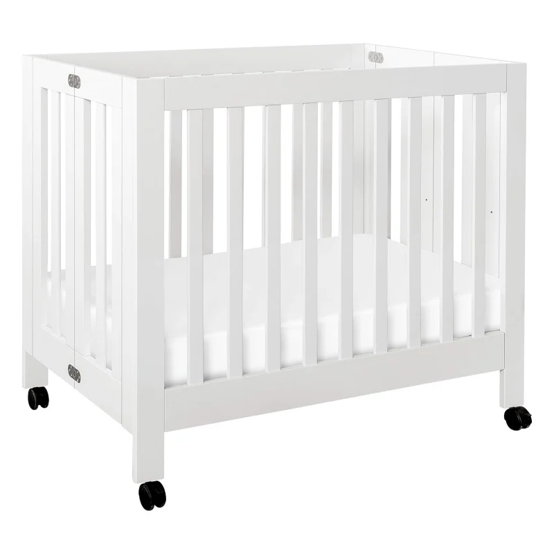 Origami Mini Portable Crib Folding with Wheels in White, 2 AdjustablePositions, Greenguard Gold Certified