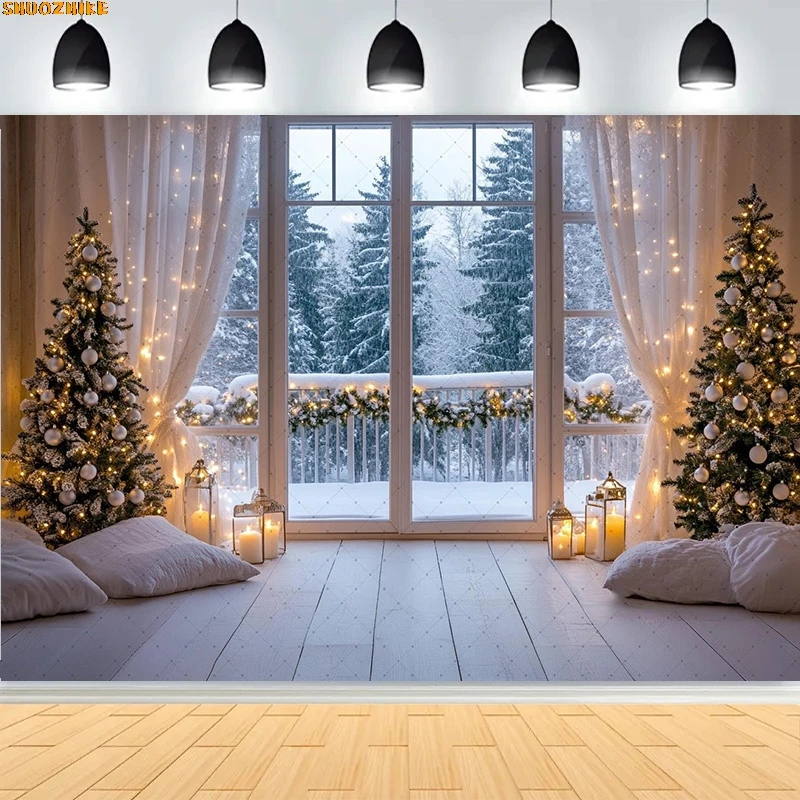 

Christmas Day Wreath Family New Year Party Photography Backdrops Prop Window Living Room Xmas Tree Gift Snow Background WD-29