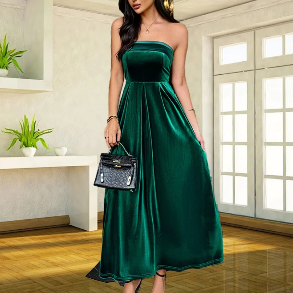 

Women's Elegant Party Dresses Strapless Backless Velvet Long Dress Fashion Retro Dress Female Evening Dresses Vestidos Largos