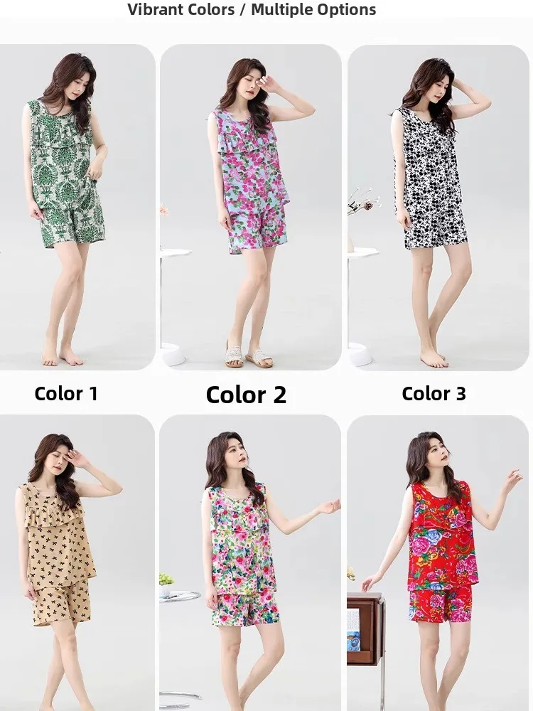 Summer Women's Cotton Silk Sleepwear Sleeveless Vest Artificial Cotton Set Ladies Can Wear Outdoor Home Clothes Sweet Style