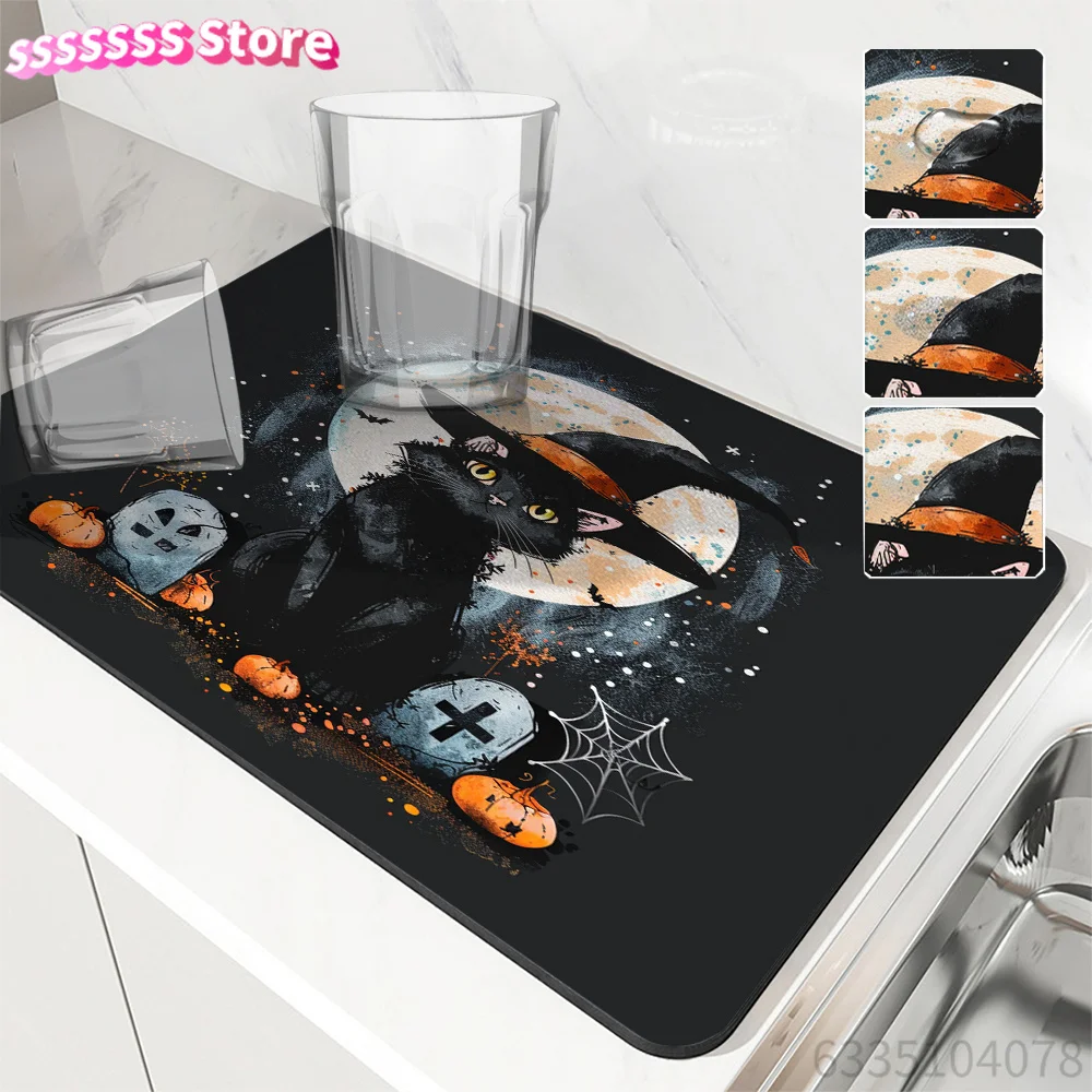 Halloween Kitchen Mat: Black Cat, Moon, Witch Hat, Spider Web, Gravestones, Pumpkins, Absorbent, Rubber Back, Drying Rack for K