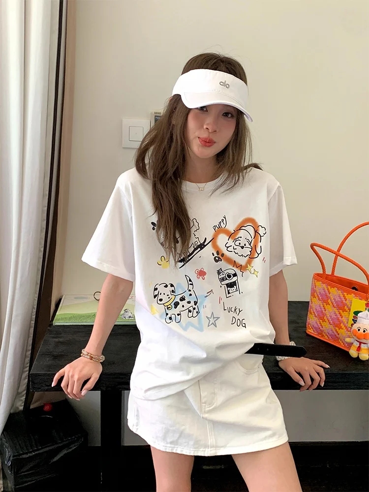 

Love Heart Dog Print ort Sve T-irt Women's Loose Slimming Summer New Sle Versatile Top Comfortable Breathable Cotton