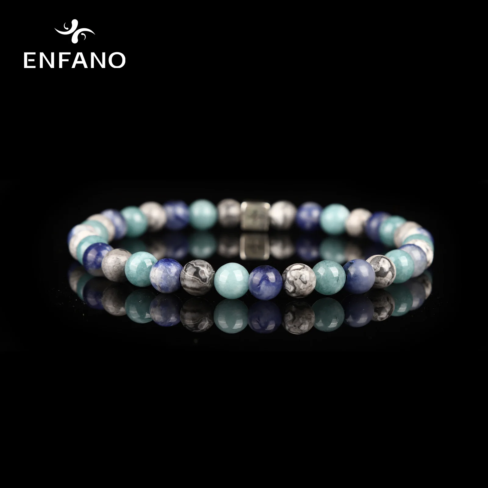 

ENFANO Aquamarine Bracelet 8mm Round Bead Bracelet Fashion Father Men Gift Size Name Text Personalized Custom Jewelry