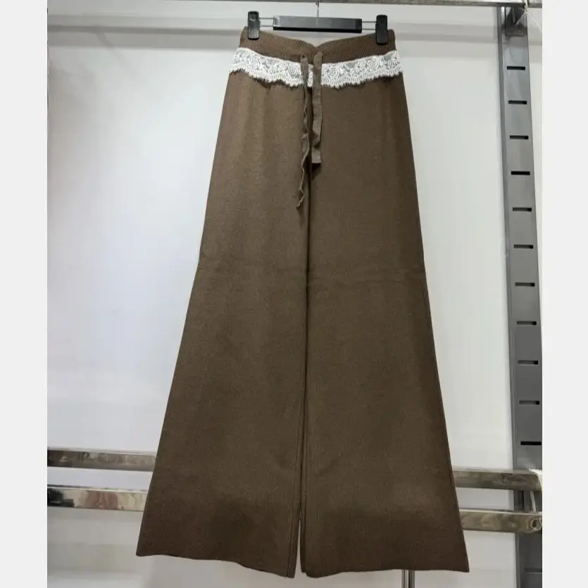 새로운 가을 니트 넓은 다리 바지 여성 캐주얼 레이스 패치 워크 탄성 허리 Drawstring 운동복 우아한 바지 의류