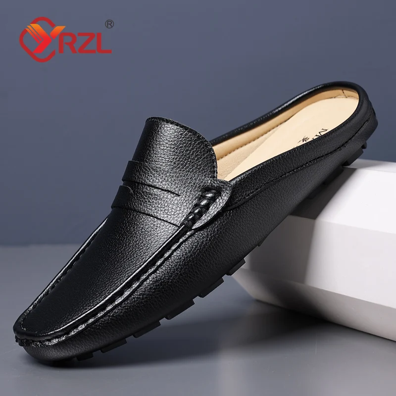 YRZL Slippers Summer Slip on Half Shoes for Men Leather Slippers Casual Breathable Comfy Loafers Moccasins Brown Black Beige